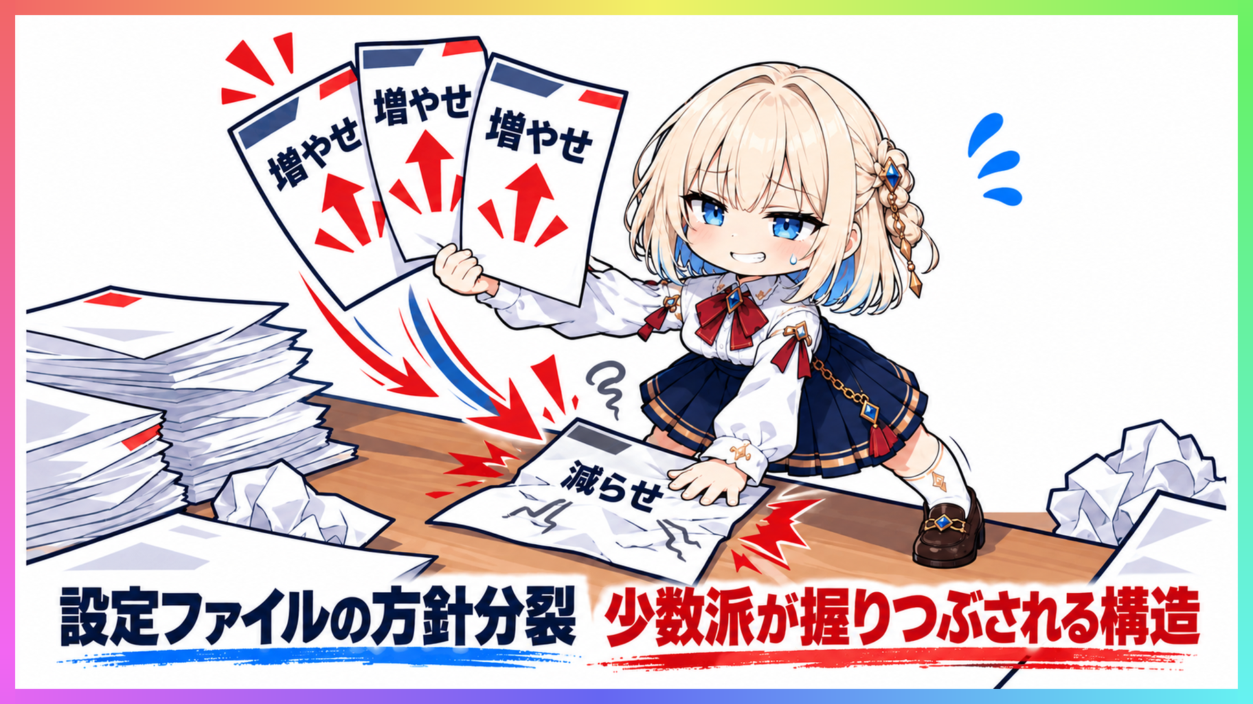 4枚の設定ファイルが並び3枚が反応増加を命じ1枚だけが抑制を命じる対立図
